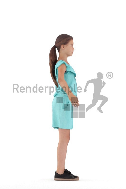 Rigged human 3D model by Renderpeople – european girl in blue jumpsuite