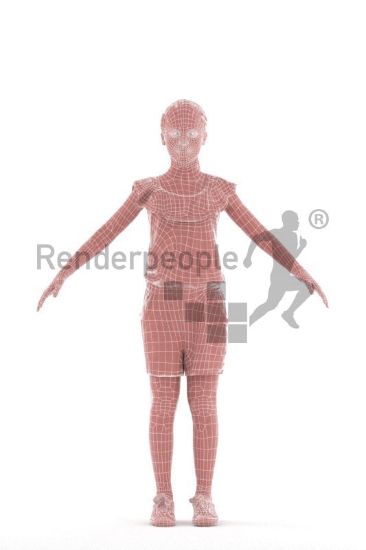 Rigged human 3D model by Renderpeople – european girl in blue jumpsuite