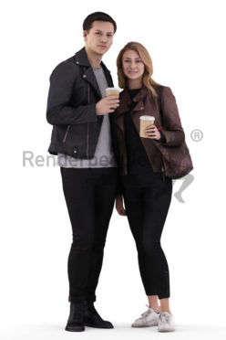 Posed 3D People model for renderings – young european couple standing and drinking coffee
