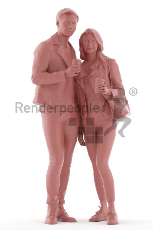 Posed 3D People model for renderings – young european couple standing and drinking coffee