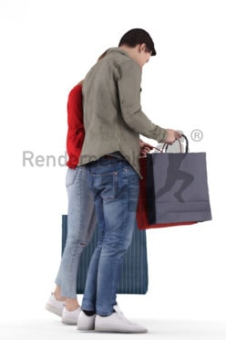 Scanned human 3D model by Renderpeople – young european couple ath thr shopping mall, looking in theire bags, casual look