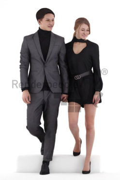Scanned 3D People model for visualization – white couple in suit and dress, event, walking downstairs