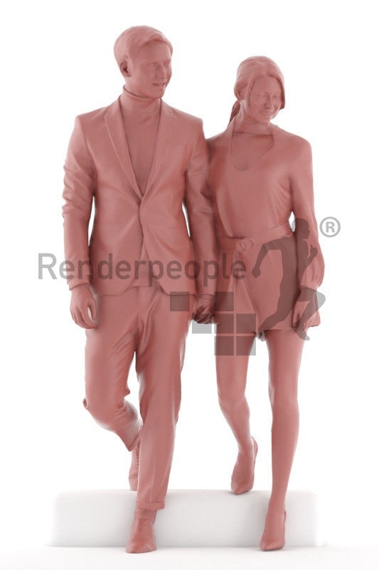 Scanned 3D People model for visualization – white couple in suit and dress, event, walking downstairs