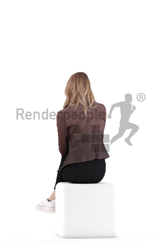 Photorealistic 3D People model by Renderpeople – european woman, sitting with casual clothes