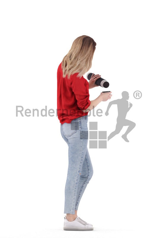 3D People model for 3ds Max and Sketch Up – european woman in daily outfit, standing with a thermo can