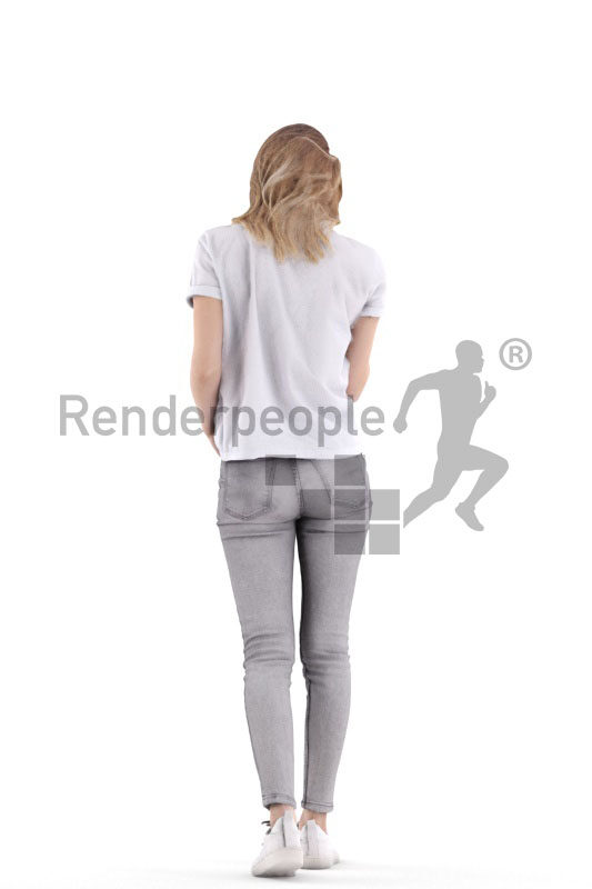 Posed 3D People model for visualization – white woman in casual outfit, walking while typing on smartphone