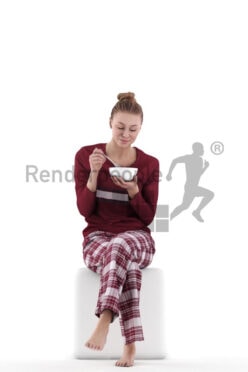 Posed 3D People model for visualization – european woman wearing pyjama, sitting and eating cereals