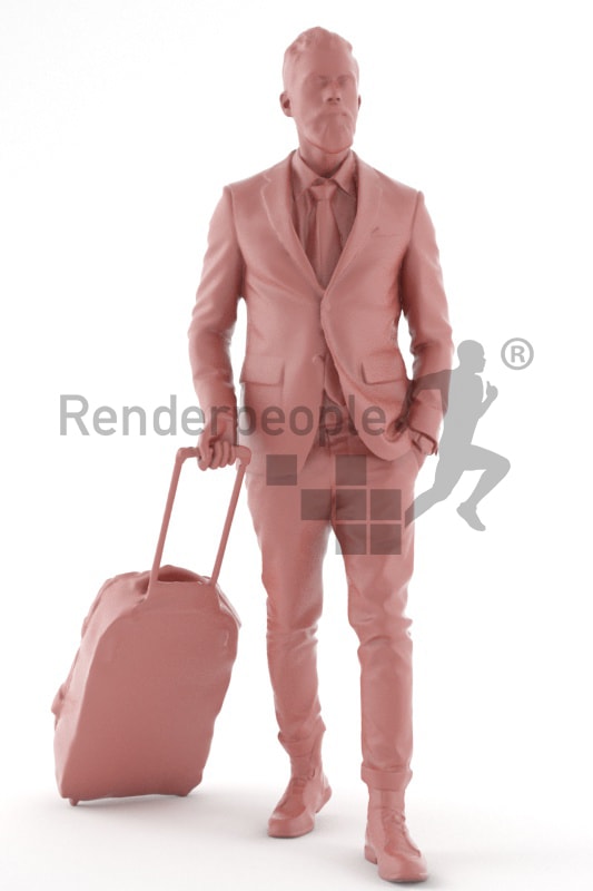 3d people casual, white 3d man pulling a trolley