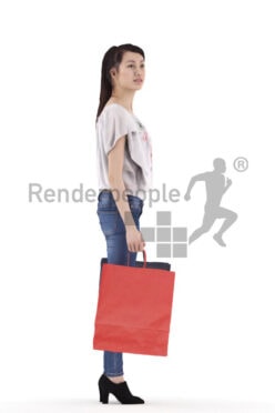 Posed 3D People model for visualization – asian woman in smart casual look, standing with shopping bags