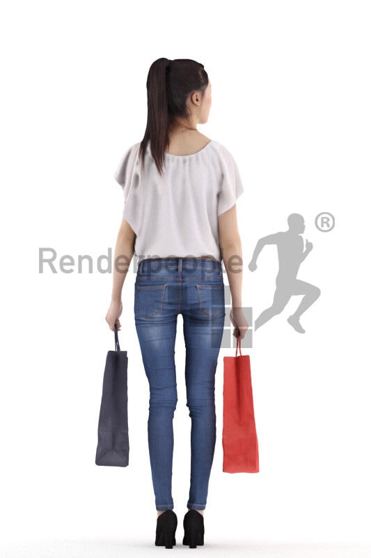 Posed 3D People model for visualization – asian woman in smart casual look, standing with shopping bags