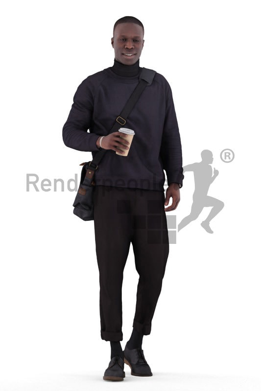 Scanned 3D People model for visualization – black male in business look, walking with coffee to go cup and bag
