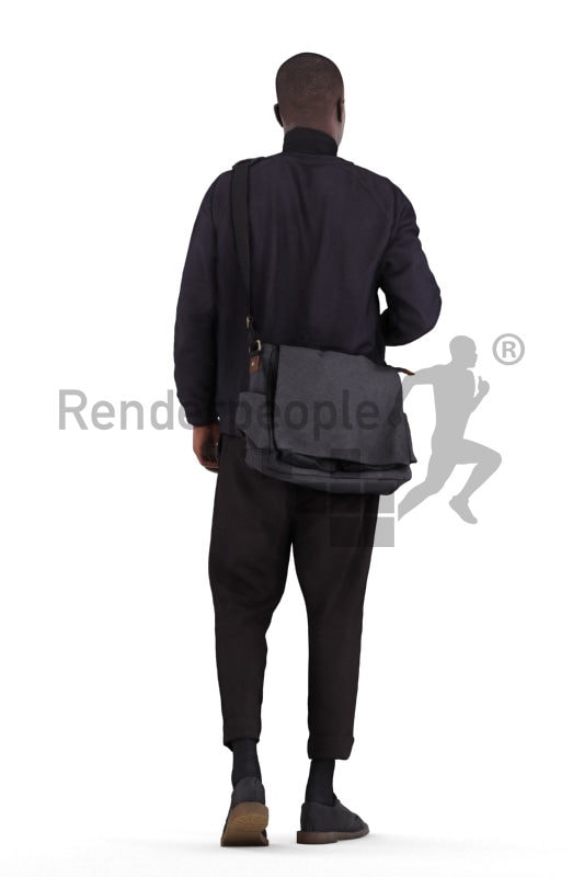 Scanned 3D People model for visualization – black male in business look, walking with coffee to go cup and bag