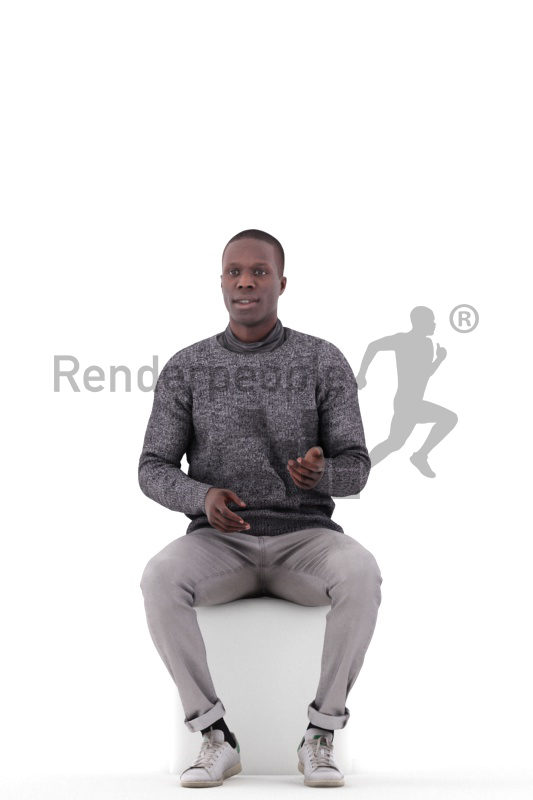 Photorealistic 3D People model by Renderpeople – black male in smart casual outfit, sitting and communicating