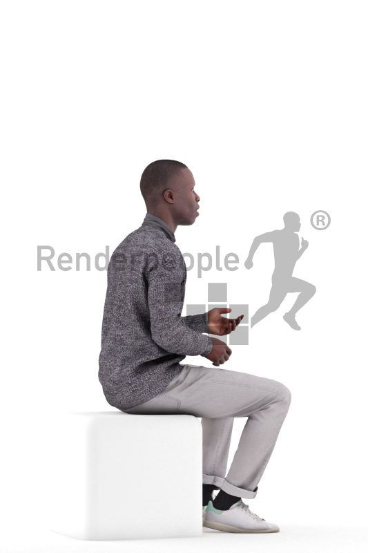 Photorealistic 3D People model by Renderpeople – black male in smart casual outfit, sitting and communicating