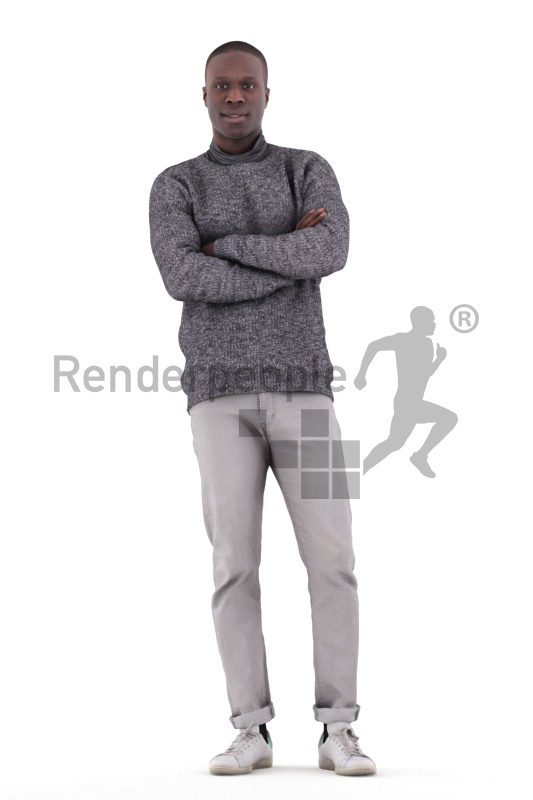 Posed 3D People model for renderings – black male in smart casual look, standing and waiting