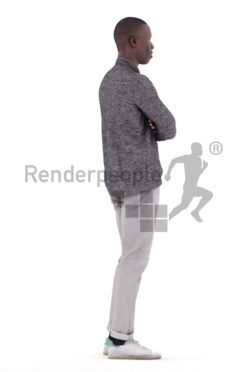 Posed 3D People model for renderings – black male in smart casual look, standing and waiting
