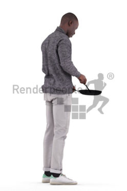 Posed 3D People model for renderings – black man in casual outfit, cooking, pan
