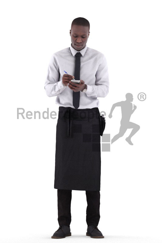 3D People model for 3ds Max and Maya – black waiter, wearing an apron, taking orders