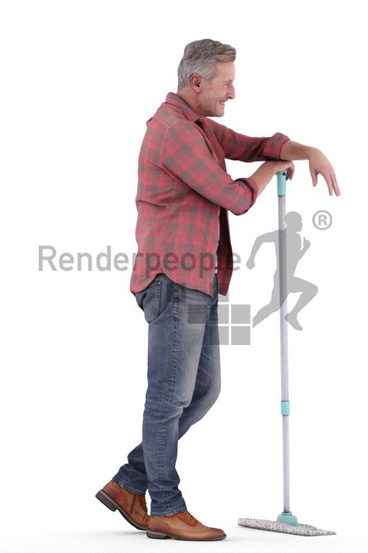 Scanned human 3D model by Renderpeople – middleaged european man, standing and leaning on a wiper