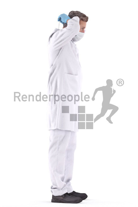 Scanned 3D People model for visualization – elderly white man in healthcare kilt, putting on a mask