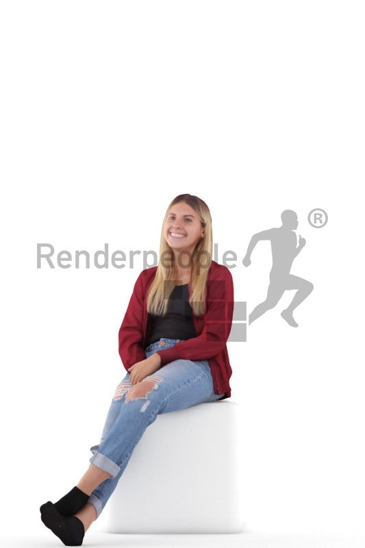 3d people casual, white 3d woman sitting and smiling