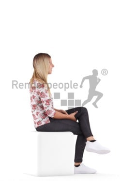 3d people casual, white 3d woman sitting and smiling