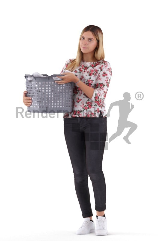 3d people casual, white 3d woman walking and doing laundry