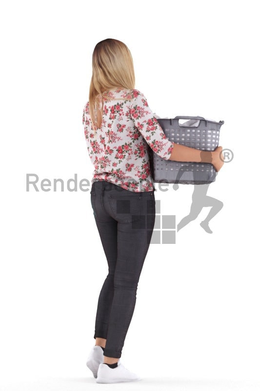 3d people casual, white 3d woman walking and doing laundry