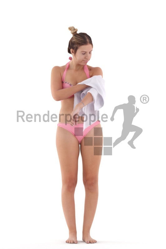 Posed 3D People model for visualization – european woman in bikini, drying her skin, beach and pool