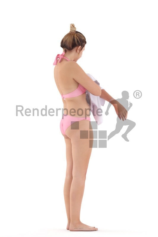Posed 3D People model for visualization – european woman in bikini, drying her skin, beach and pool