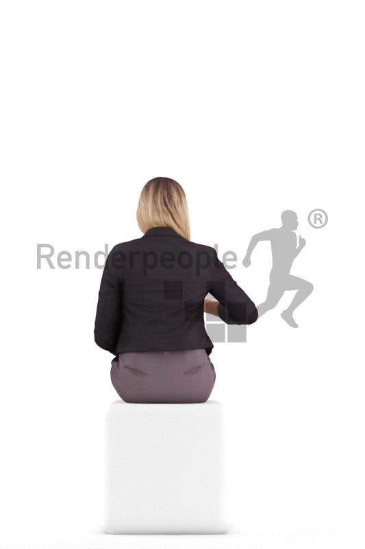 Posed 3D People model by Renderpeople – white female in office look, sitting and writing