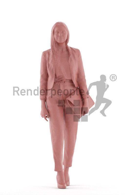 Realistic 3D People model by Renderpeople – white woman in office look with business bag, walking