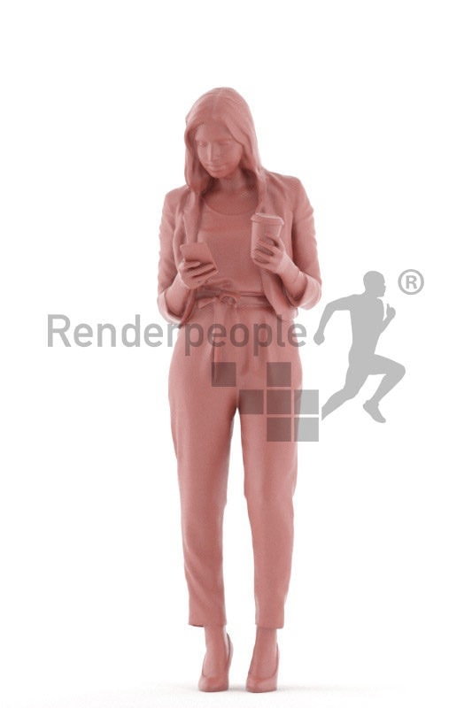 Posed 3D People model by Renderpeople – white female in office look, standid, texting and holding a coffe to go cup