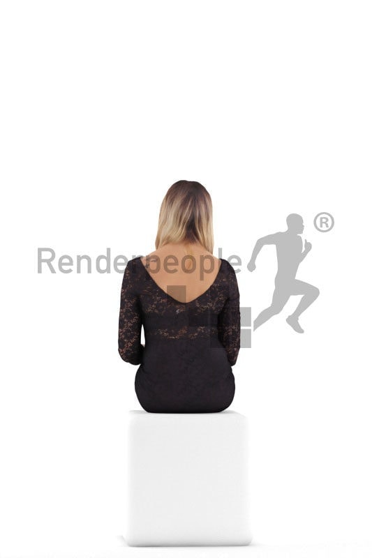 Posed 3D People model for renderings – european female, sitting in highheels, event