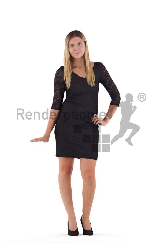 Photorealistic 3D People model by Renderpeople – european woman in chic event dress, standing and leaning on something