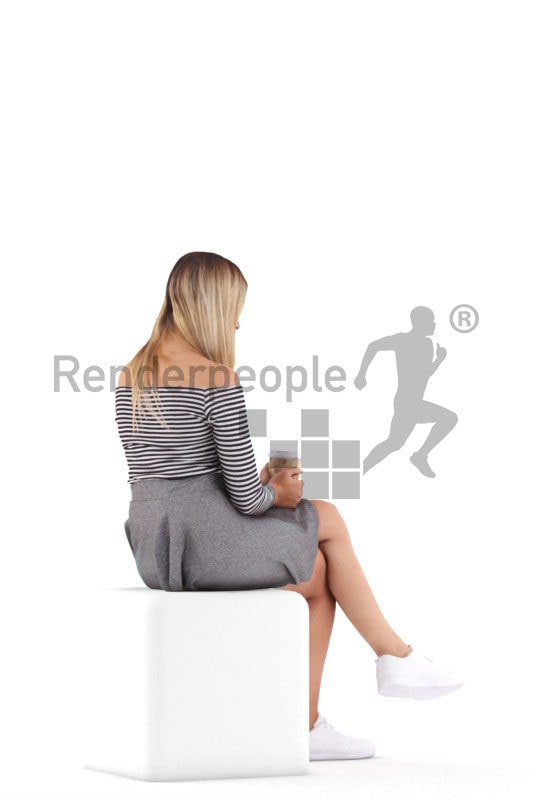 3D People model for 3ds Max and Blender – european woman in casual look, sitting and drinking coffee