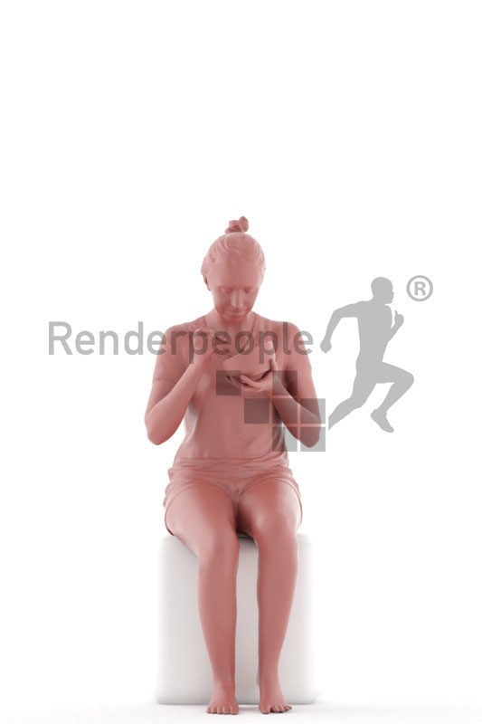 Posed 3D People model for renderings – european female in short pyjama, sitting and eating