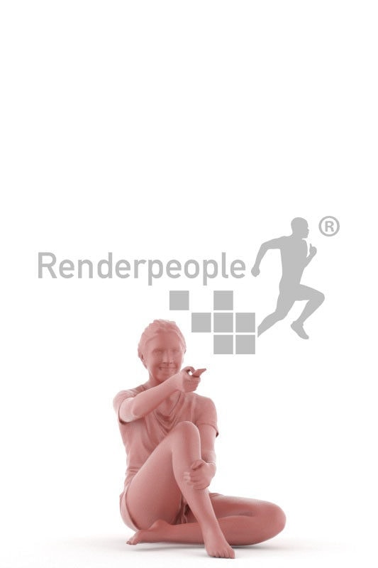 Posed 3D People model by Renderpeople – white female in sleepwear, sitting and using a remote controller