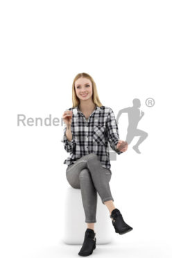 3d people casual, white 3d woman sitting and drinking an espresso