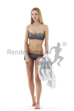 3d people beach, white 3d woman in bikini with towl