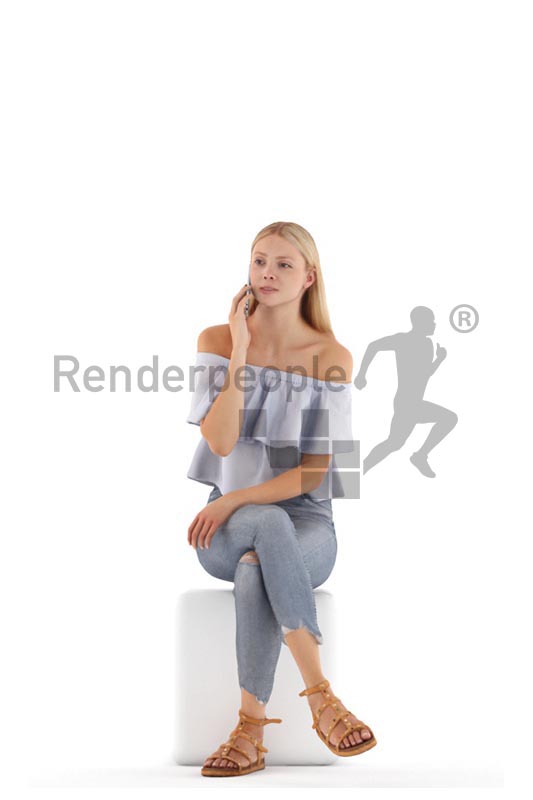 3d people casual, white 3d woman sitting and calling