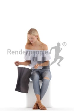 3d people casual, white 3d woman sitting and looking in a shopping bag