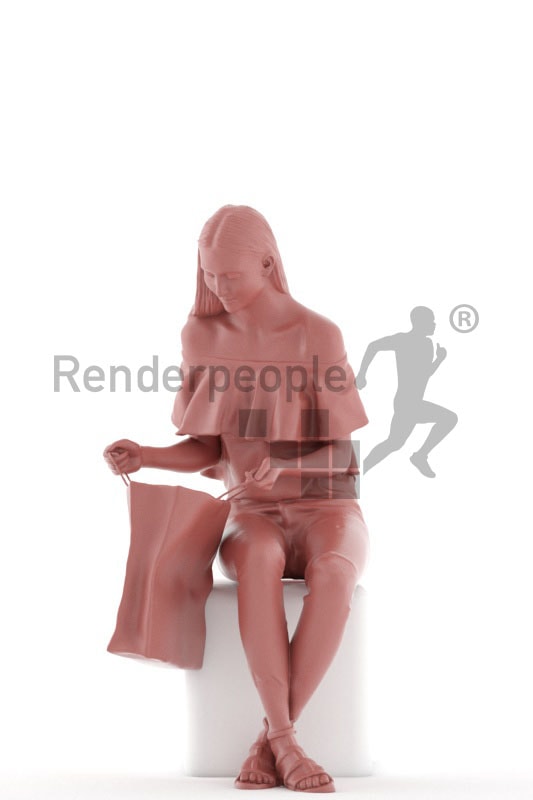 3d people casual, white 3d woman sitting and looking in a shopping bag