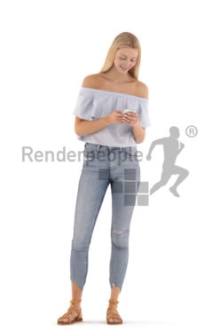 3d people casual, white 3d woman standing and texting on her phone