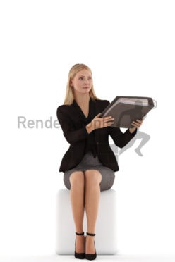 3d people business, white 3d woman sitting handing a folder