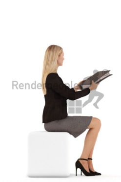 3d people business, white 3d woman sitting handing a folder