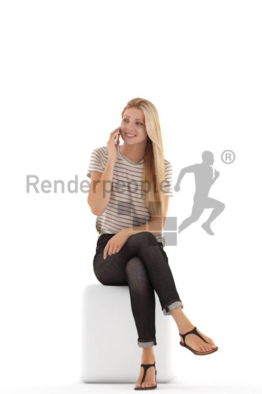 3d people casual, white 3d woman sitting and calling