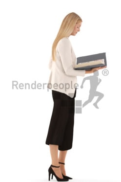 3d people business, white 3d woman standing and looking into a folder