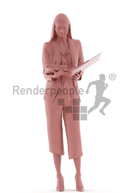 3d people business, white 3d woman standing and looking into a folder