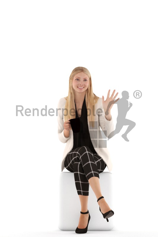 3d people business, white 3d woman sitting, drinking and waving